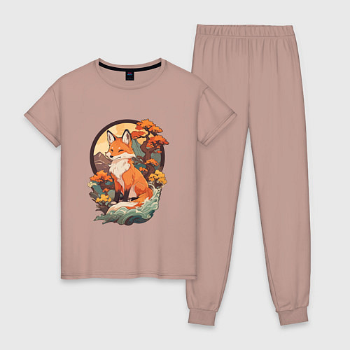 Женская пижама Лиса в японском стиле на фоне гор / Пыльно-розовый – фото 1