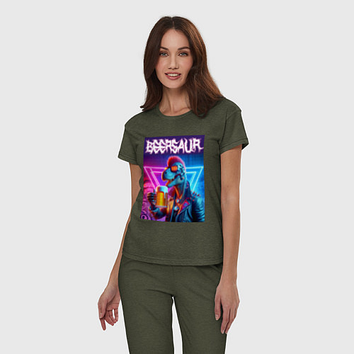 Женская пижама Cyber beersaur - neon glow / Меланж-хаки – фото 3