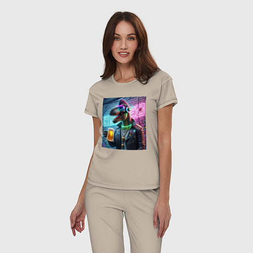 Женская пижама Dinosaur dude with a beer mug wearing headphones a / Миндальный – фото 3