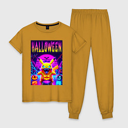 Пижама хлопковая женская Pikachu - halloween vaporwave, цвет: горчичный