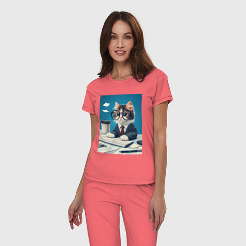 Женская пижама Котёнок офисный планктон - нейроарт / Коралловый – фото 3