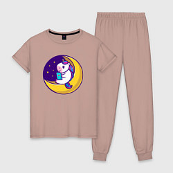 Пижама хлопковая женская Единорог читает на луне, цвет: пыльно-розовый