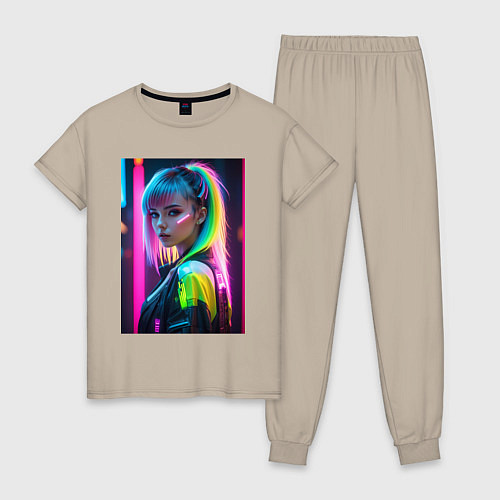Женская пижама Киберпанк девушка с зеленым хвостом / Миндальный – фото 1