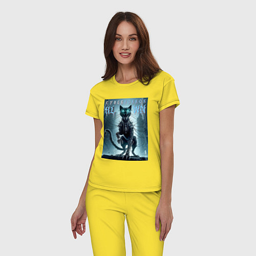 Женская пижама Cyber black cat - halloween horror fantasy / Желтый – фото 3