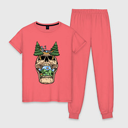 Пижама хлопковая женская Skull nature vibe, цвет: коралловый