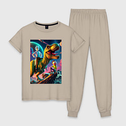 Пижама хлопковая женская Приключения Рика и Морти на планете динозавров, цвет: миндальный