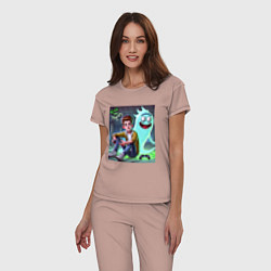 Пижама хлопковая женская Морти и призрак Рика Санчеса - нейроарт фантазия, цвет: пыльно-розовый — фото 2