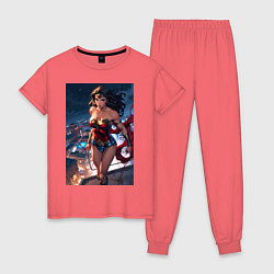 Пижама хлопковая женская Чудо-женщина на крыше с городским фоном в стиле ко, цвет: коралловый