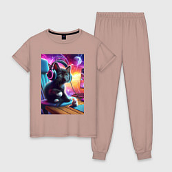 Женская пижама Котёнок в наушниках и мышка