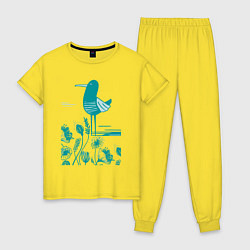 Женская пижама Птичка и цветы в голубом