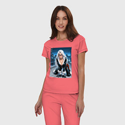 Пижама хлопковая женская Черная кошка на крыше небоскреба, цвет: коралловый — фото 2