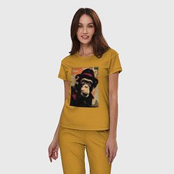 Пижама хлопковая женская Обезьянка детектив в шляпе, цвет: горчичный — фото 2