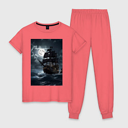 Пижама хлопковая женская Пиратский корабль в шторм, цвет: коралловый