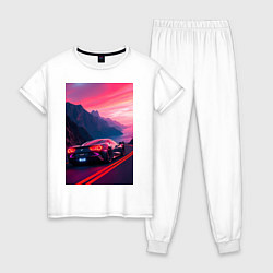 Пижама хлопковая женская Суперкар едет около океана, цвет: белый