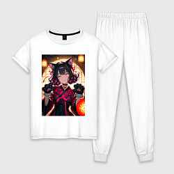 Пижама хлопковая женская Девушка-кошка с мягкими лапами, цвет: белый