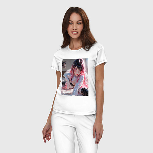 Женская пижама Девушка в откровенном наряде на кровати / Белый – фото 3