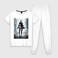 Пижама хлопковая женская Девушка-андроид с катанами посреди руин, цвет: белый