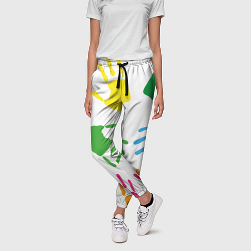 Женские брюки Цветные ладошки - Детский узор / 3D-принт – фото 3