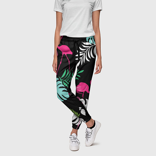 Женские брюки Фламинго с цветами / 3D-принт – фото 3