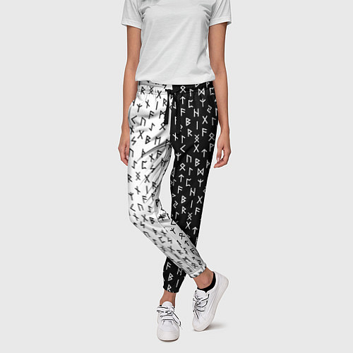Женские брюки Руны чёрно-белое / 3D-принт – фото 3