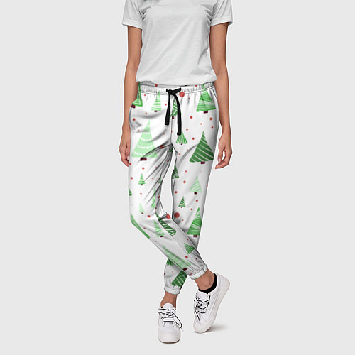 Женские брюки Много разных зелёных ёлочек на белом фоне плюс кра / 3D-принт – фото 3