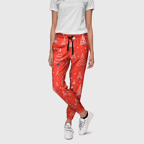 Женские брюки Контур из белых елочек на красном фоне с синим сне / 3D-принт – фото 3