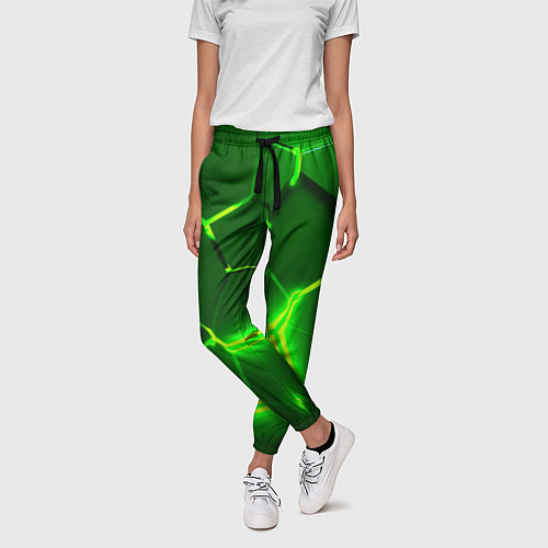 Женские брюки 3D ПЛИТЫ НЕОН NEON GREEN HEXAGON РАЗЛОМ / 3D-принт – фото 3