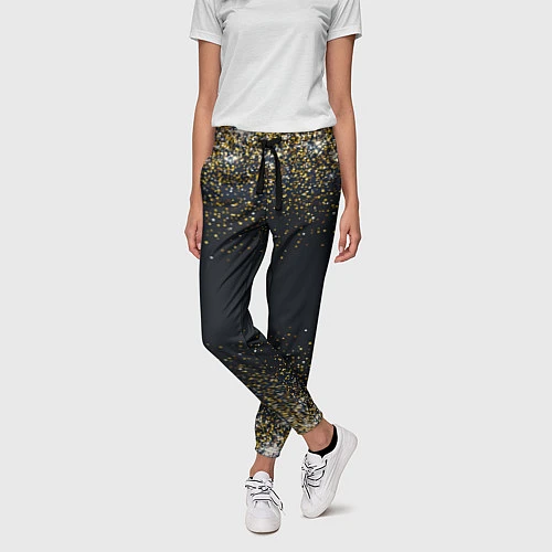 Женские брюки Золотые блестки на темном фоне Сияющий глиттер, бл / 3D-принт – фото 3