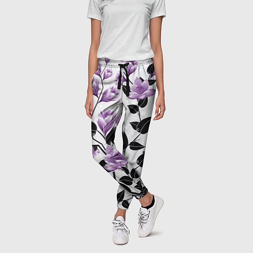 Женские брюки Распустившиеся фиолетовые цветы / 3D-принт – фото 3
