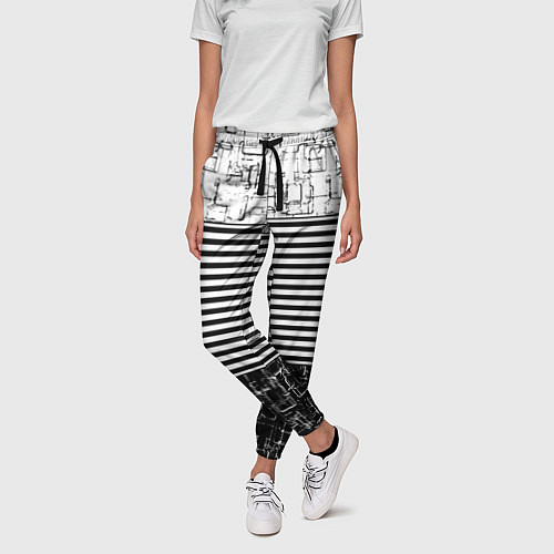 Женские брюки Черно-белый комбинированный абстрактный с полосаты / 3D-принт – фото 3