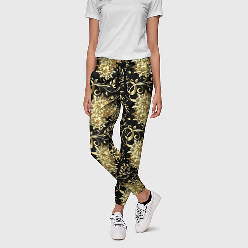 Женские брюки Золотые абстрактные цветы / 3D-принт – фото 3
