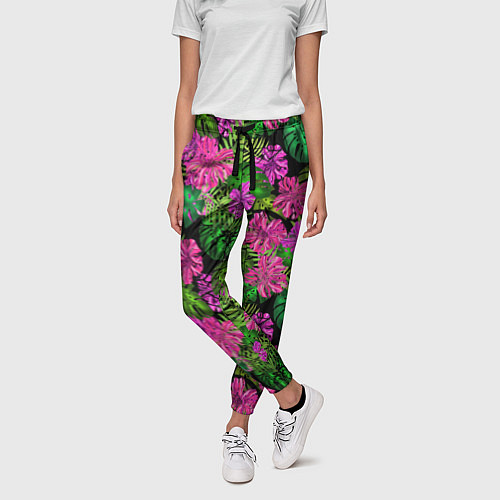 Женские брюки Тропические листья и цветы на черном фоне / 3D-принт – фото 3