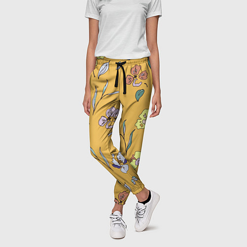 Женские брюки Цветы Нарисованные На Золотом Фоне / 3D-принт – фото 3