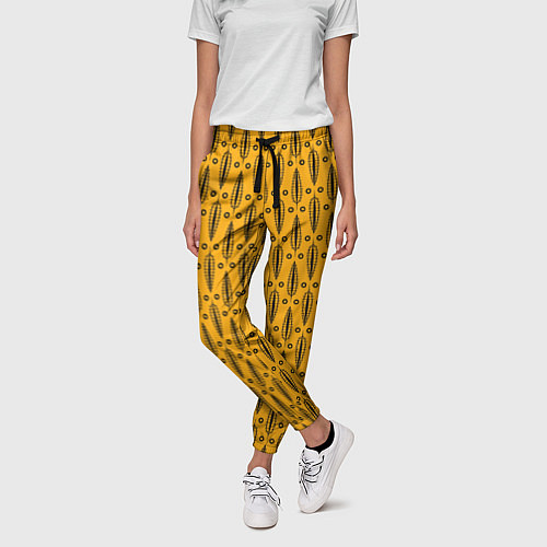 Женские брюки Черно-желтый современный узор Листья / 3D-принт – фото 3