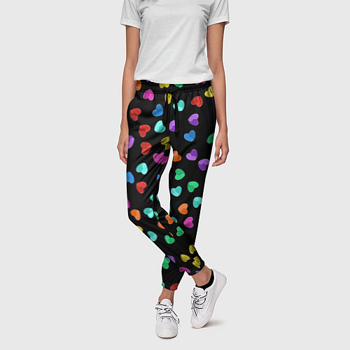 Женские брюки Сердечки разноцветные на черном / 3D-принт – фото 3
