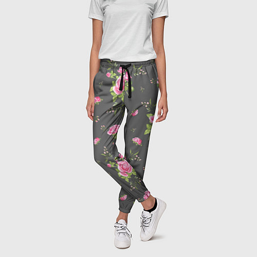 Женские брюки Розовые розы на сером фоне / 3D-принт – фото 3