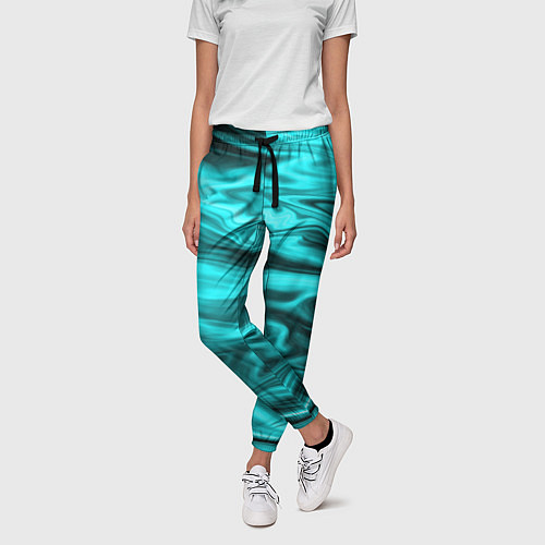 Женские брюки Неоновый бирюзовый мраморный узор / 3D-принт – фото 3