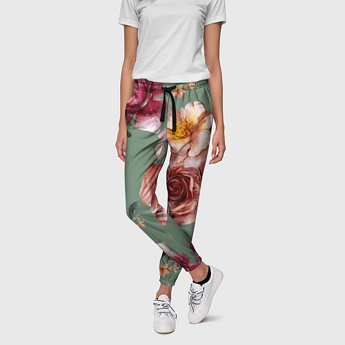 Женские брюки Цветы Нарисованные Розы и Пионы / 3D-принт – фото 3