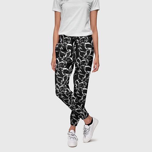 Женские брюки Черно-белый цветочный узор / 3D-принт – фото 3