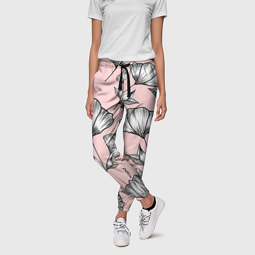 Женские брюки Графичные цветы на пудровом фоне / 3D-принт – фото 3
