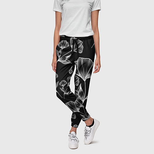 Женские брюки Графичные цветы на черном фоне / 3D-принт – фото 3