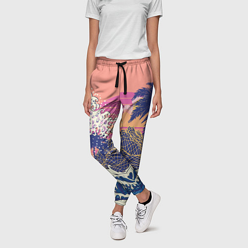 Женские брюки Ретро дизайн большие волны, пальмы и абстрактные г / 3D-принт – фото 3