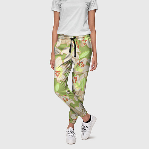Женские брюки Нежные цветы - лилии: цветной паттерн / 3D-принт – фото 3