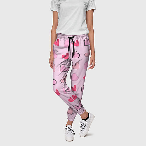 Женские брюки Валентинки на нежно-розовом фоне / 3D-принт – фото 3