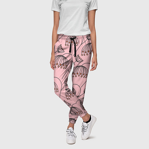 Женские брюки Цветы в стиле бохо на пудрово-розовом фоне / 3D-принт – фото 3