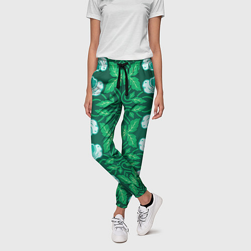 Женские брюки Зелёный цветочный паттерн / 3D-принт – фото 3