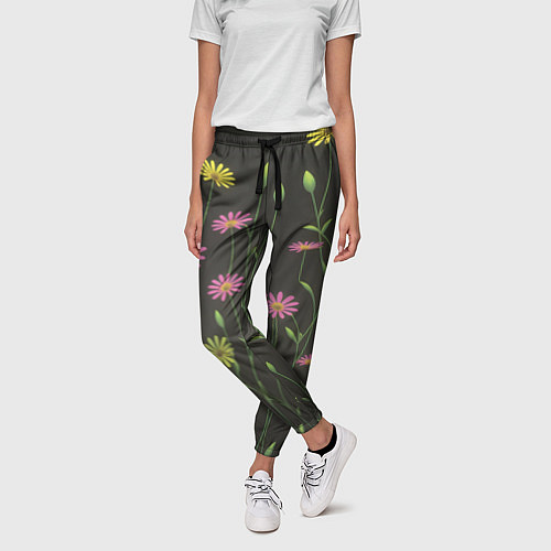Женские брюки Полевые цветочки на темном фоне / 3D-принт – фото 3
