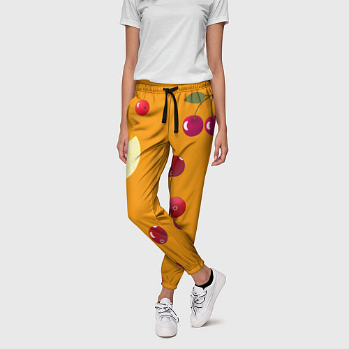 Женские брюки Ягоды и лимон, оранжевый фон / 3D-принт – фото 3