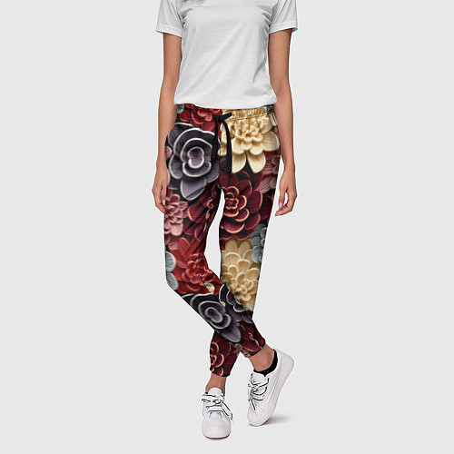 Женские брюки Объёмные цветы суккулента / 3D-принт – фото 3
