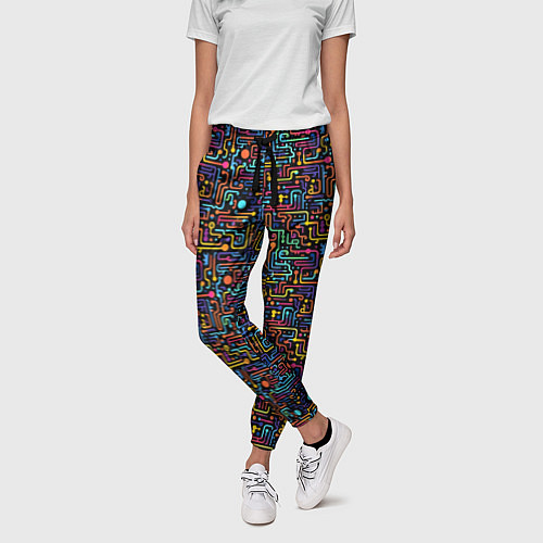 Женские брюки Абстрактные разноцветные линии на черном фоне / 3D-принт – фото 3